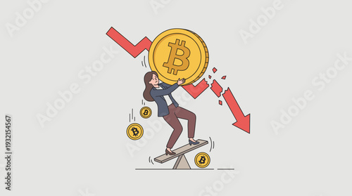 Businesswoman trader struggling to hold up a giant Bitcoin coin as a red downward arrow crashes through it, representing cryptocurrency market volatility, financial loss, and price crash concept.