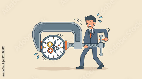 Stressed Businessman Tightening a Clamp on a Clock Representing Time Pressure, Deadline Anxiety, and Workplace Urgency. Concept of Running Out of Time, Efficiency Struggle, and High Workload.