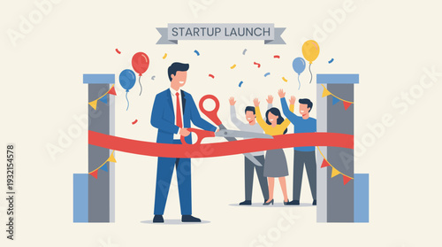 Grand opening ceremony for a startup launch featuring a businessman cutting a red ribbon with large scissors. Cheering team, colorful balloons, and confetti celebrate a new business beginning.