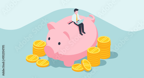 Businessman Saving Money in Piggy Bank with Gold Coins.