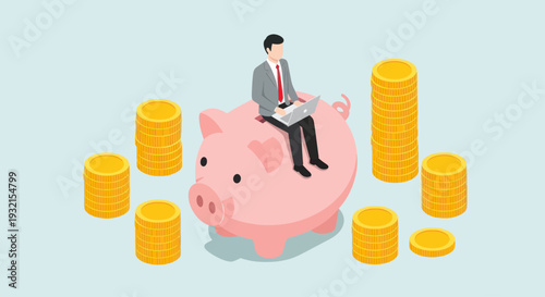 Businessman sitting on a piggy bank surrounded by stacks of coins.