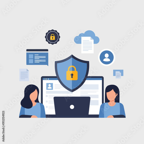 Cybersecurity concept with shield and lock protecting data.