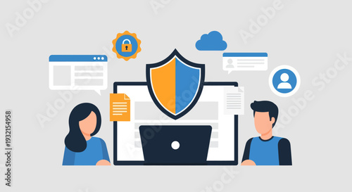 Digital Security and Data Protection Concept with Shield and People.