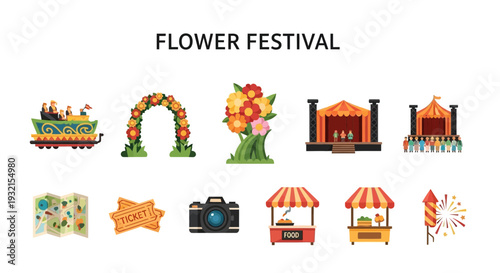 Ten icons related to a flower festival arranged in two rows
