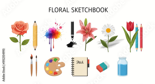 A collection of floral illustrations and art supplies arranged on a white background
