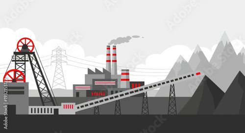 Industrial Coal Mining Facility with Conveyor Belt and Smokestacks.