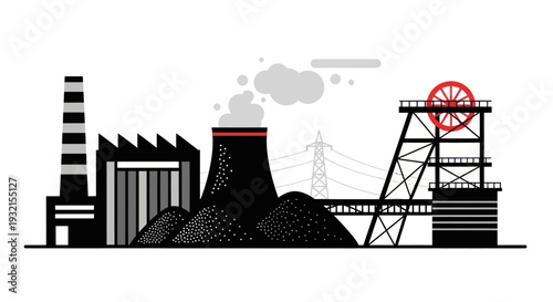 Industrial Coal Mining Facility with Power Plant and Mining Tower.