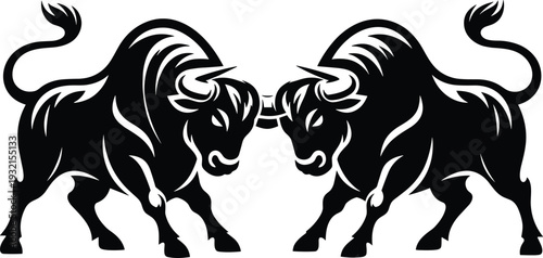 Two black bull silhouettes charging and head butting each other on white background for strength power and animal fight concept