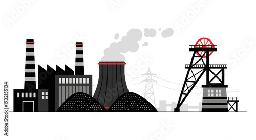 Industrial landscape with coal mine, power plant, and factory buildings.