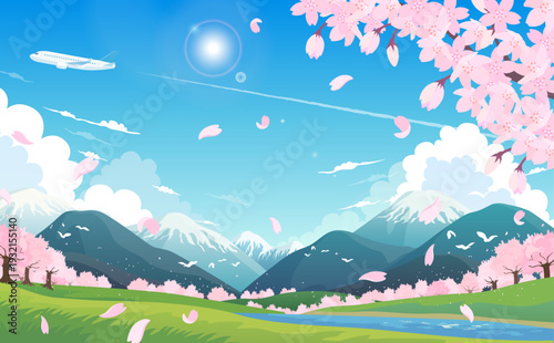 満開の桜と春の景色と飛行機のイラスト3_横