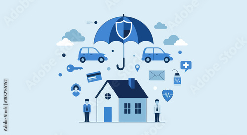 Insurance protection for home and car with umbrella symbol.
