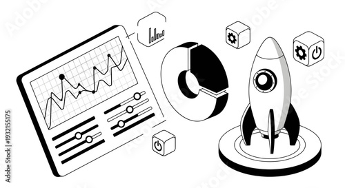 Isometric Business Analytics and Startup Launch Illustration.