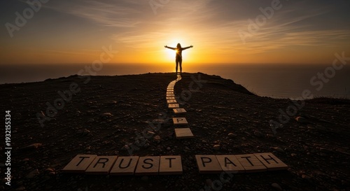 Person Standing Silhouette Trusting Path Towards Peaceful Sunset