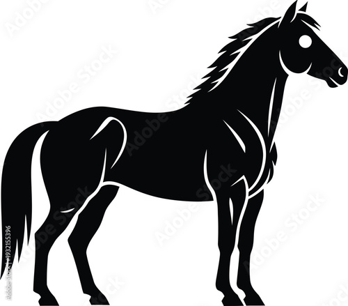A black horse silhouette with a white background and detailed muscular structure