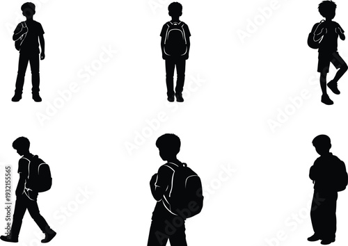 School Boy Silhouette Set with Backpack – Student Child Black Vector Collection