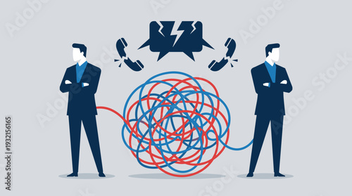 Bad communication and relationship breakdown concept with businessmen standing back to back with tangled lines and broken phone icons representing misunderstanding, conflict and disconnection.