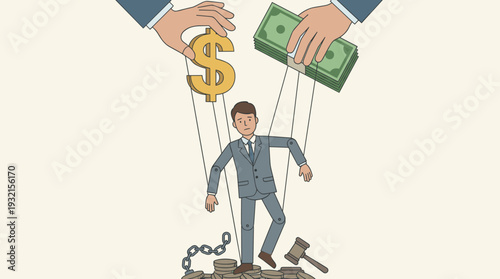 Businessman Puppet Controlled by Money and Capitalism Concept Representing Bribery Corruption Financial Slavery and Corporate Manipulation with Dollar Sign Cash Gavel and Chains Illustration