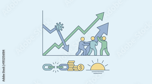 Business Recovery and Growth Chart After Coronavirus COVID-19 Financial Crisis. Teamwork Pushing Upward Arrow, Broken Chain, Money Coins, and Rising Sun Icons for Economic Restoration Concept.