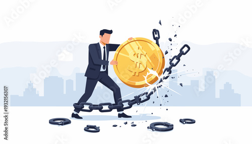 Businessman breaking heavy metal chains with a giant gold dollar coin, representing debt freedom, financial liberation, loan payoff, and overcoming economic burden in a modern city setting.