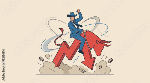 Businessman in Cowboy Hat Riding a Red Bull Shaped Like a Downward Arrow Representing Stock Market Volatility, Economic Crisis, Financial Risk, and Investment Challenges in a Volatile Economy.
