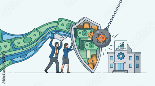 Economic stimulus and financial aid concept with entrepreneurs using a shield of money to protect a company from a coronavirus wrecking ball, symbolizing business recovery and risk management.
