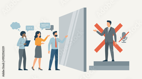 Vector illustration of workplace censorship and communication barriers. Employees trying to speak to a silenced leader behind a wall. Concept of corporate hierarchy, inequality, and silencing.