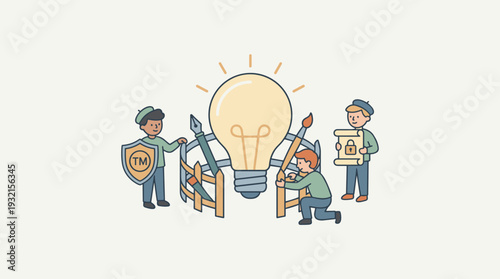 Intellectual Property Protection Concept with Tiny Authors Guarding Creative Idea Lightbulb with Trademark Shield, Copyright Lock, and Patent Fence for Legal Security and Business Innovation