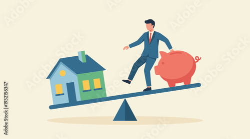 Businessman Balancing a House and a Piggy Bank on a Seesaw Lever, Concept for Real Estate Investment, Mortgage Planning, Financial Budgeting, and Saving for a New Home Flat Vector Illustration