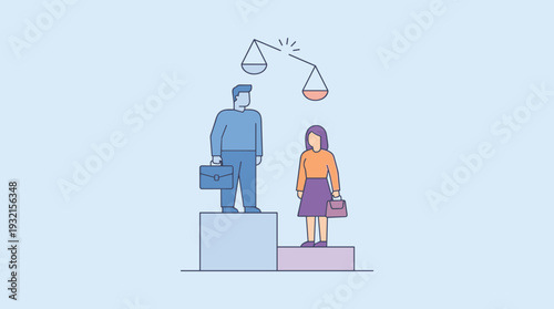 Gender inequality and pay gap between men and women, social unfairness and disparity concept with man on higher platform and woman on lower platform with broken scales of justice vector art.