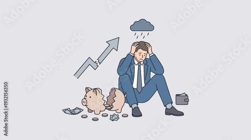Stressed businessman sitting in despair with broken piggy bank and broken growth arrow, symbolizing financial crisis, bankruptcy, debt, poverty, and economic loss in vector illustration style.