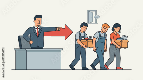 Angry boss in a suit pointing towards the exit while sad employees carry boxes of their belongings, concept of mass layoffs, job loss, corporate dismissal, and unemployment in flat vector design.