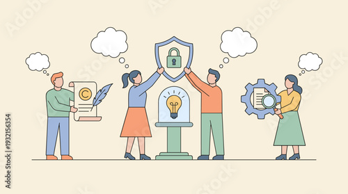 Intellectual property and copyright protection concept with people protecting creative ideas, inventions, and authorship using legal tools like patents, shields, and magnifying glasses. Vector.