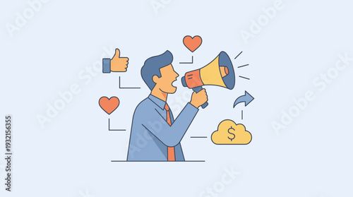Internet advertisement and digital marketing concept with a man shouting into a megaphone surrounded by social media icons like hearts, thumbs up, share, and money cloud graphic for business growth