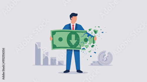 Businessman Holding a Shattering Dollar Bill Representing Economic Crisis, Financial Loss, and Recession. Concept of Market Crash, Bankruptcy, Inflation, and Tax Problems with Broken Bar Chart.