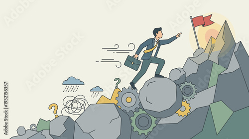 Businessman Climbing Mountain of Obstacles and Gears to Reach Red Flag Goal, Overcoming Challenges, Perseverance, Career Success, Ambition, Problem Solving, and Professional Growth Illustration.