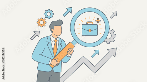 Job Seeker Searching for New Career Opportunity and Employment Concept with Businessman Holding Magnifying Glass Over Briefcase, Recruitment, Human Resources, and Business Growth Illustration.