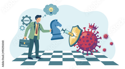 Strategic businessman investor using a chess knight syringe to attack the coronavirus pathogen. Concept of innovative vaccine solutions, economic recovery, and pandemic risk management plan.