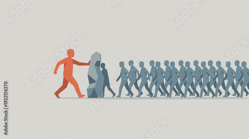 Bold Conceptual Vector Illustration of a Red Figure Walking Against the Crowd and Pushing a Large Rock Obstacle, Symbolizing Individuality, Leadership, Determination, and Overcoming Challenges.