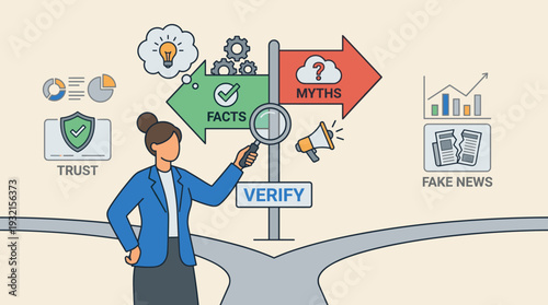 Businesswoman at a crossroads using a magnifying glass to verify information between facts and myths. Concept of media literacy, fake news prevention, trust, data accuracy, and truth seeking.