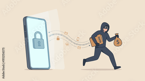 Mobile Cyber Security Concept with Hacker Thief Stealing Personal Data, Files and Money from Smartphone, Digital Privacy Breach, Identity Theft and Cybercrime Vector Illustration.