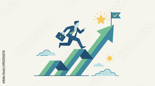 Businessman running up a rising zigzag arrow towards a star and goal flag, representing career growth, success, motivation, achievement, and reaching business targets in a flat vector style.