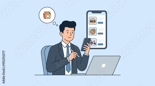 Businessman in Suit Ordering Food via Mobile Application at Office Desk with Laptop, Thinking of Takeout Lunch, Flat Vector Illustration of Online Food Delivery Service and Digital Lifestyle