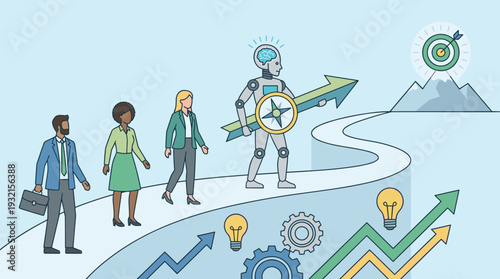 Business team following a robot leader with a compass and arrow towards a target on a mountain peak, representing artificial intelligence guiding corporate strategy and goal achievement.