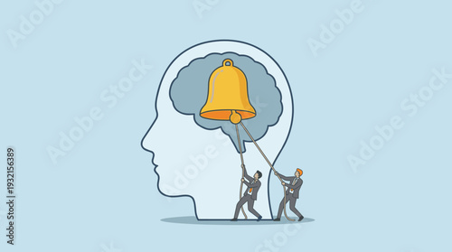 Conceptual illustration of two businessmen pulling ropes to ring a golden bell inside a human brain, symbolizing a mental reminder, memory recall, awareness, and the importance of not forgetting.