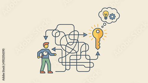 Flat Vector Illustration of a Person Navigating a Tangled Path to Find the Key to Success. Concept of Problem Solving, Strategic Thinking, and Finding Creative Solutions in Business Complexity.