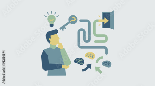 Flat vector conceptual illustration of a man thinking to find a solution, using a key to unlock success, navigating a complex maze to an exit door, brainstorming ideas with lightbulb and brains.