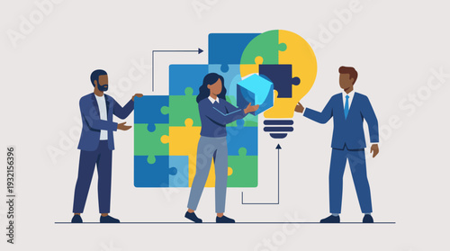 Business Team Collaborating on Creative Problem Solving and Innovation Concept with Jigsaw Puzzle and Lightbulb Illustration for Strategic Success, Teamwork, and Finding the Right Solution