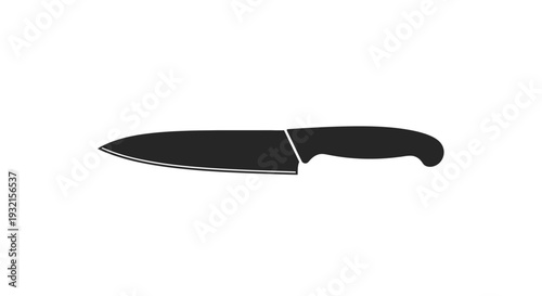 Simple black silhouette icon of a chef knife with a shadow isolated on a clean white background for kitchen design projects.