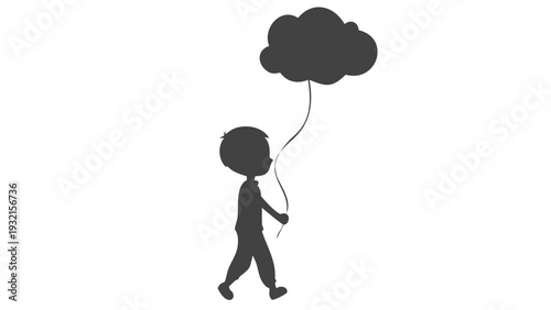 Young boy walking with balloon in hand, carefree silhouette