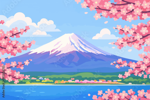 Beautiful travel view of snow peak Mt Fuji and pink cherry blossoms reflecting in the lake water under a cloudy sky in Japan